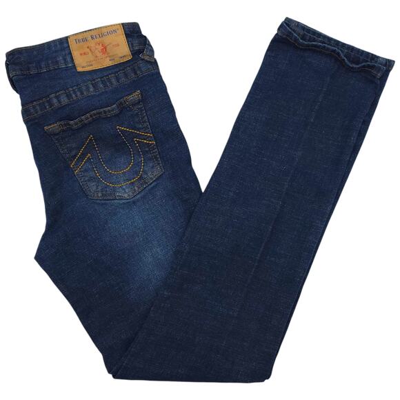True Religion Jeans Boys 16 Blue Dark Wash Geno Relaxed Slim Stretch Distressed - Picture 1 of 13